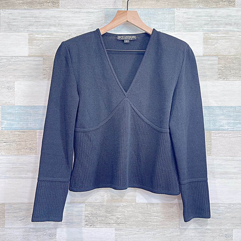 St John Long Sleeve Ribbed Santana Knit Shell Top Black V Neck Womens Small